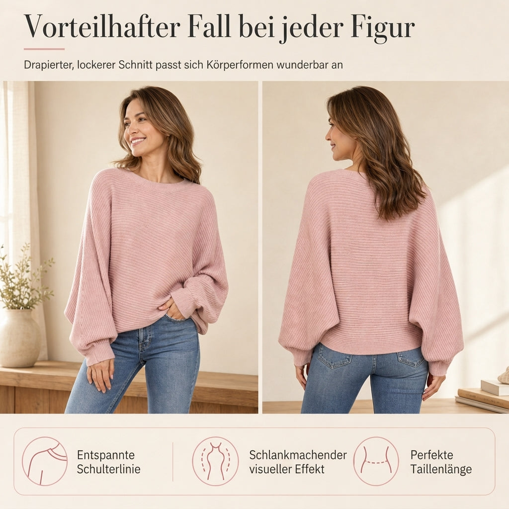 🔥Beliebtes Produkt ！✨Lässiger Strickpullover mit Rundhalsausschnitt, lockerer Passform, Fledermaus-Langärmeln und einfarbigem Design