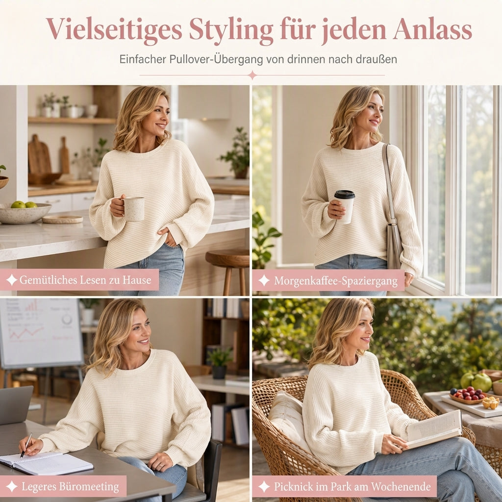 🔥Beliebtes Produkt ！✨Lässiger Strickpullover mit Rundhalsausschnitt, lockerer Passform, Fledermaus-Langärmeln und einfarbigem Design