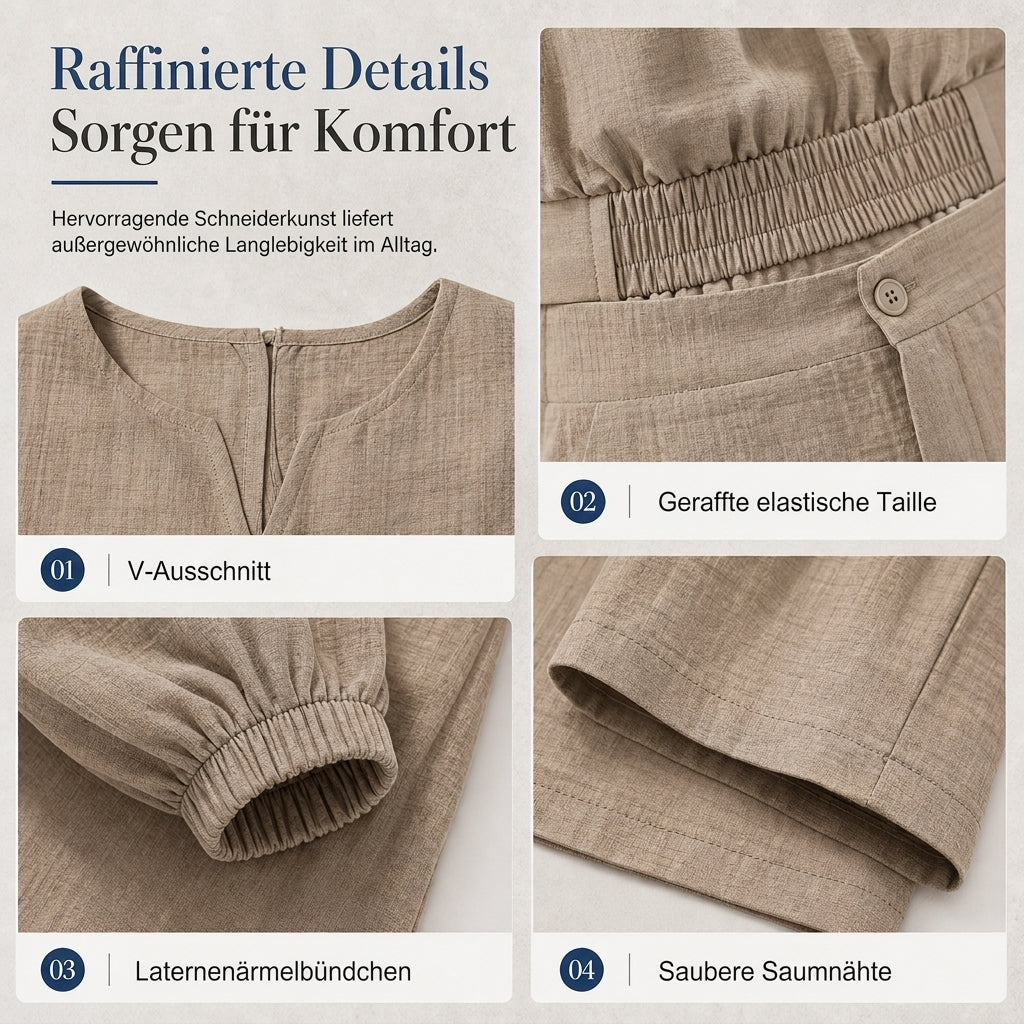 🔥Beliebtes Produkt ！✨Zweiteiler für Damen: Lässiges V-Ausschnitt-Crop-Top mit Laternenärmeln & Weite Hose mit hoher Taille