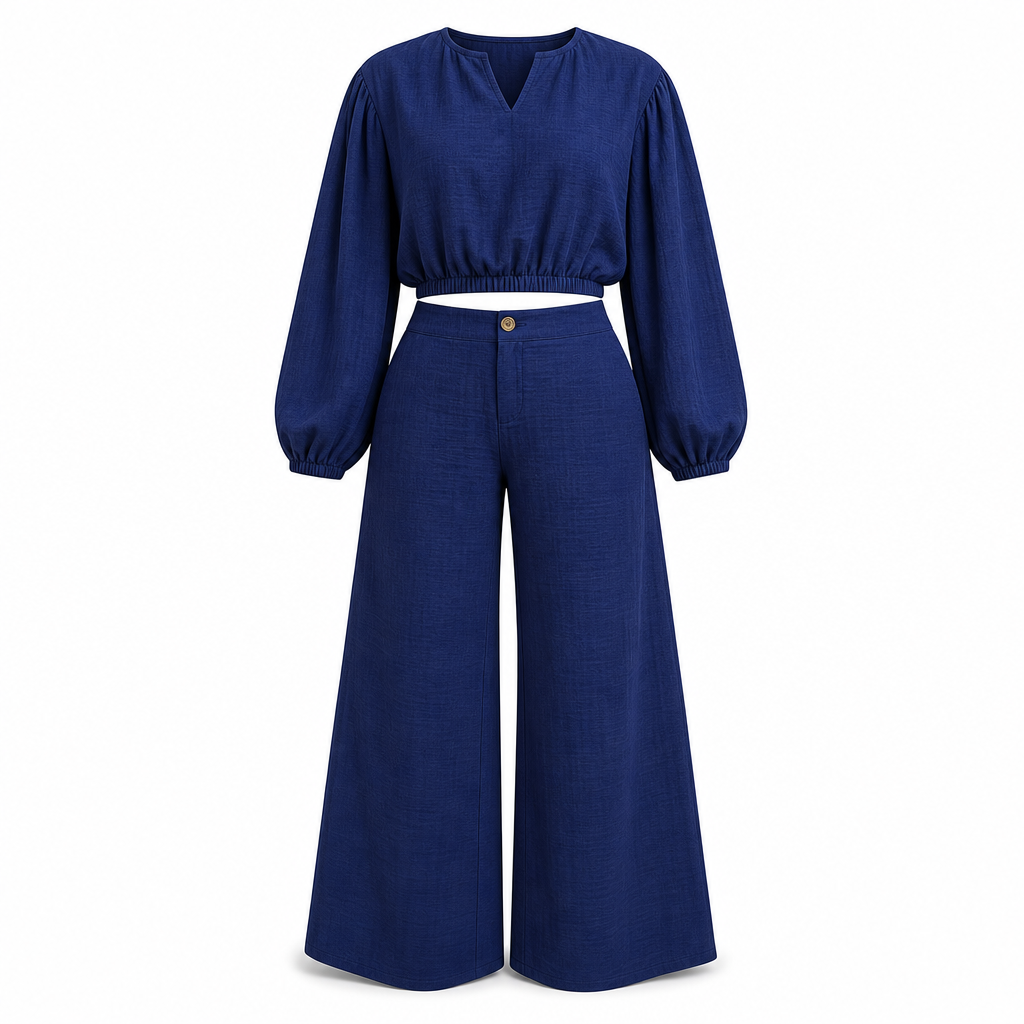 🔥Beliebtes Produkt ！✨Zweiteiler für Damen: Lässiges V-Ausschnitt-Crop-Top mit Laternenärmeln & Weite Hose mit hoher Taille