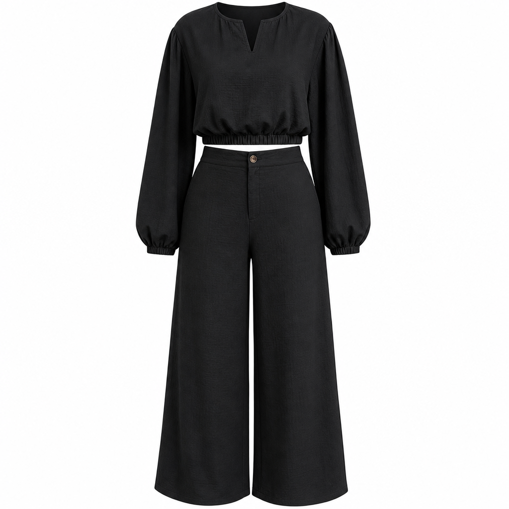 🔥Beliebtes Produkt ！✨Zweiteiler für Damen: Lässiges V-Ausschnitt-Crop-Top mit Laternenärmeln & Weite Hose mit hoher Taille