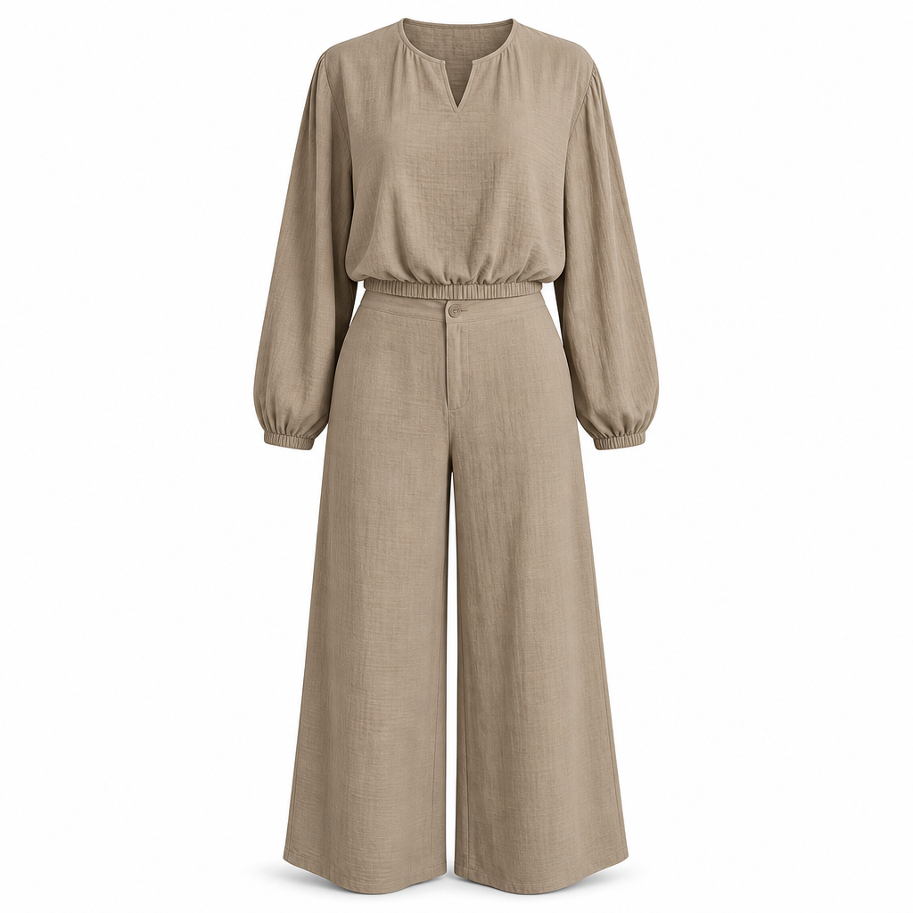 🔥Beliebtes Produkt ！✨Zweiteiler für Damen: Lässiges V-Ausschnitt-Crop-Top mit Laternenärmeln & Weite Hose mit hoher Taille