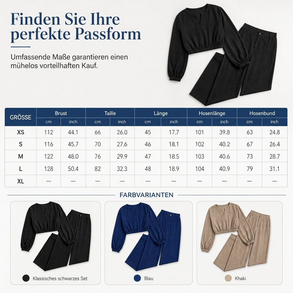 🔥Beliebtes Produkt ！✨Zweiteiler für Damen: Lässiges V-Ausschnitt-Crop-Top mit Laternenärmeln & Weite Hose mit hoher Taille
