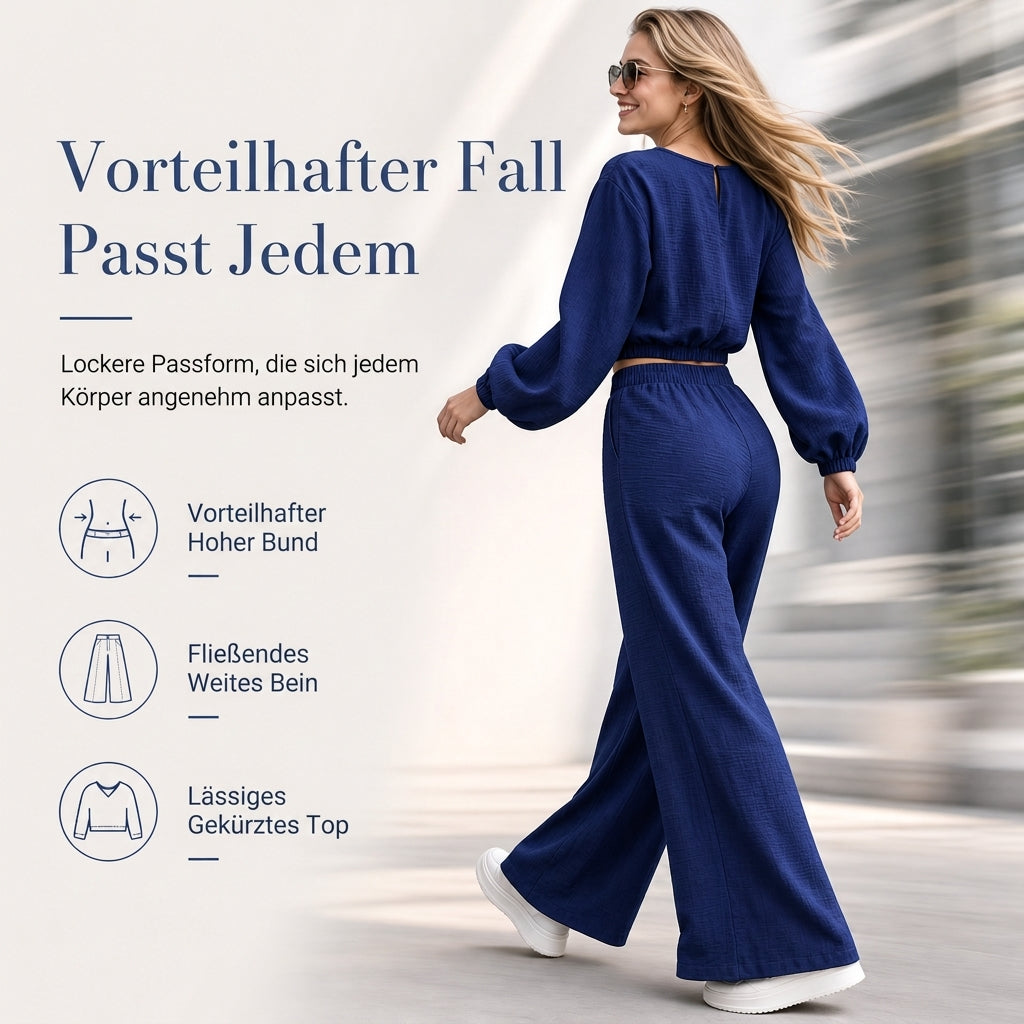 🔥Beliebtes Produkt ！✨Zweiteiler für Damen: Lässiges V-Ausschnitt-Crop-Top mit Laternenärmeln & Weite Hose mit hoher Taille