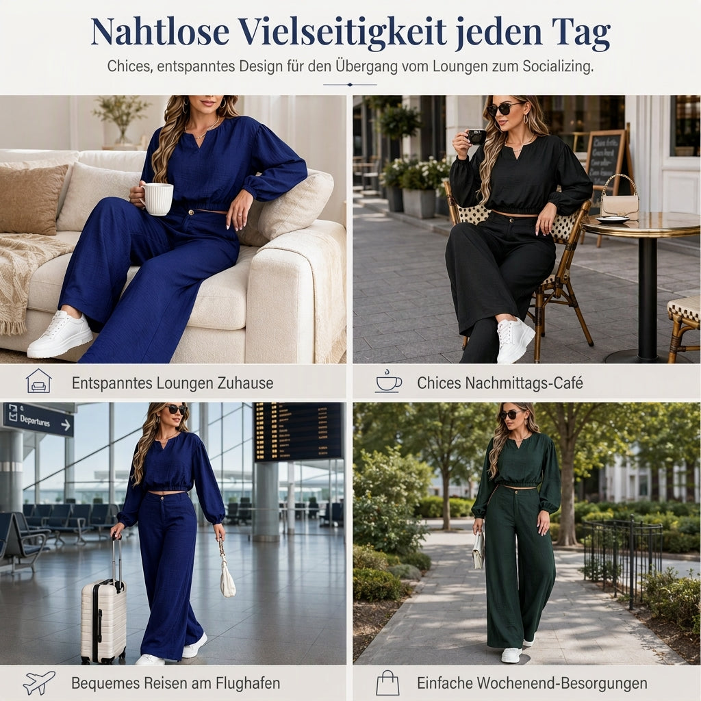 🔥Beliebtes Produkt ！✨Zweiteiler für Damen: Lässiges V-Ausschnitt-Crop-Top mit Laternenärmeln & Weite Hose mit hoher Taille
