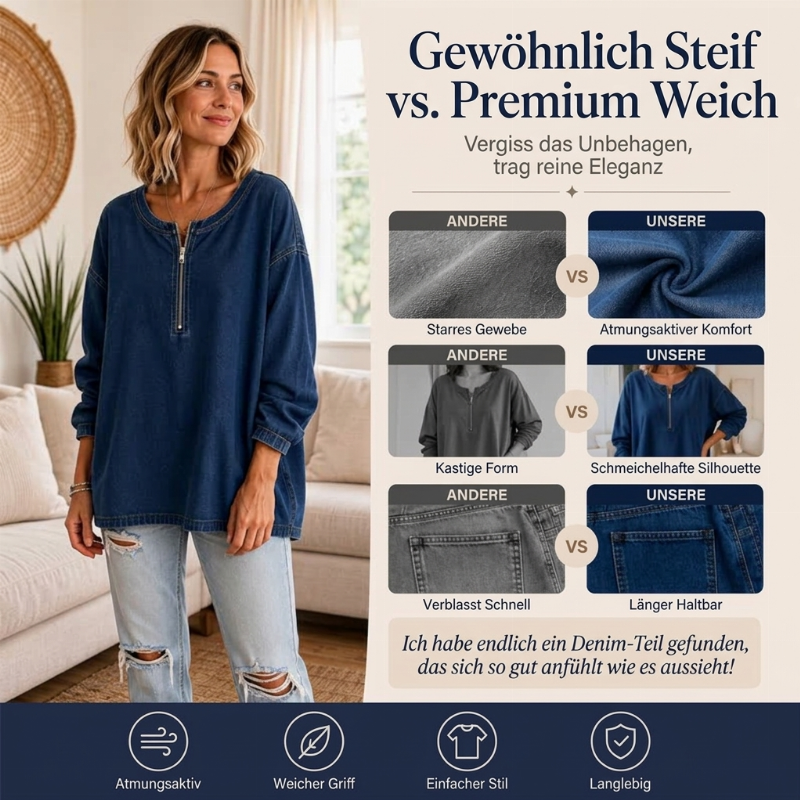 📢🎉50%Rabatt!!!🛍️✨Jeans-Pullover mit halbem Reißverschluss und langen Ärmeln für Damen