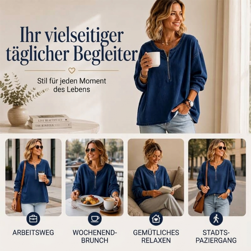 📢🎉50%Rabatt!!!🛍️✨Jeans-Pullover mit halbem Reißverschluss und langen Ärmeln für Damen