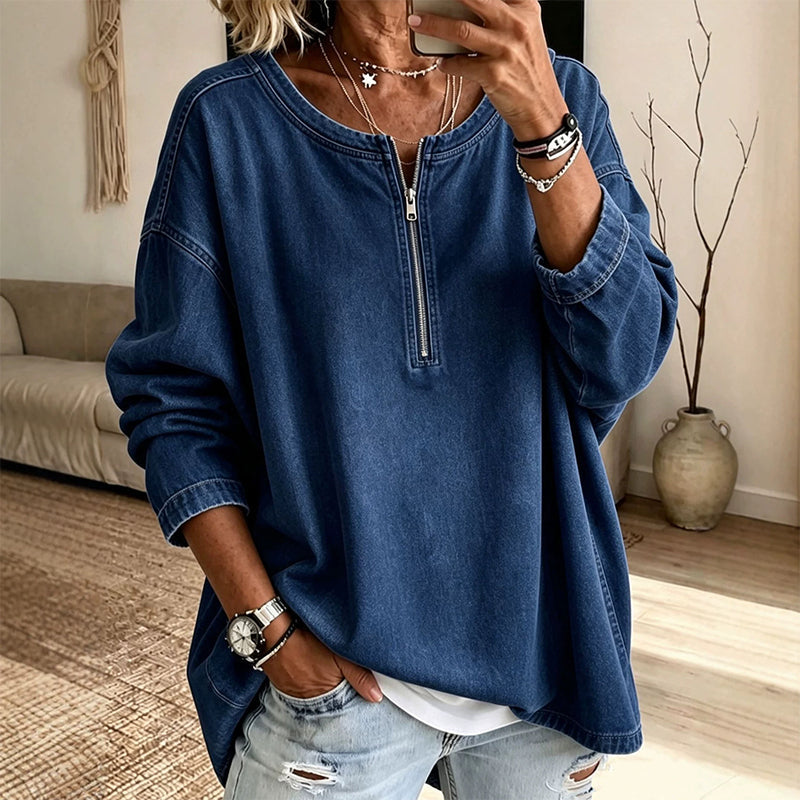 📢🎉50%Rabatt!!!🛍️✨Jeans-Pullover mit halbem Reißverschluss und langen Ärmeln für Damen