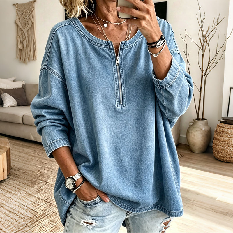 📢🎉50%Rabatt!!!🛍️✨Jeans-Pullover mit halbem Reißverschluss und langen Ärmeln für Damen