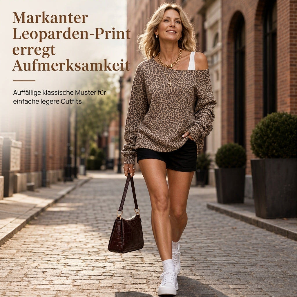 📢📢50%Rabatt!!!🎉✨Lässiges schulterfreies Sweatshirt mit Leopardenmuster, lockerer langärmeliger Baumwollmisch-Pullover