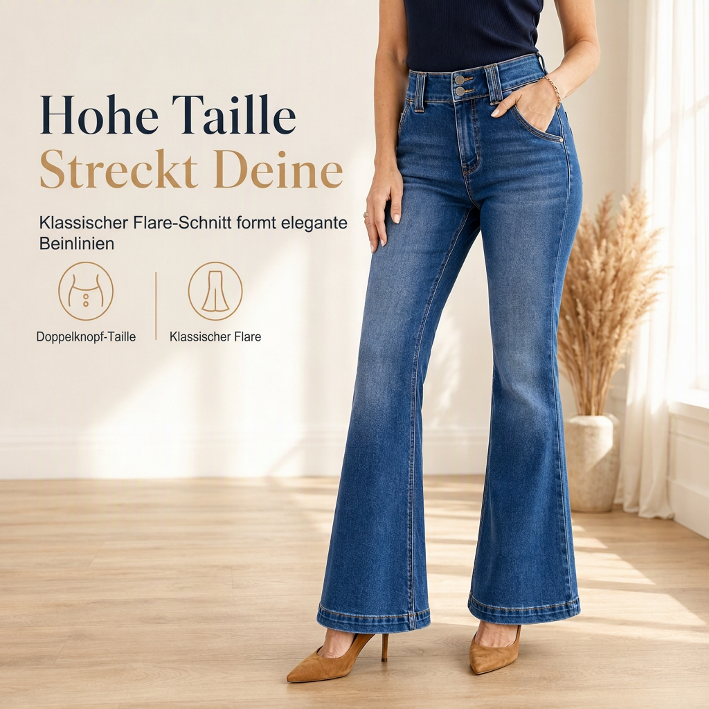 🔥Beliebtes Produkt ！✨Damen High Waist Flare Jeans, Stretch-Denim, schmal geschnittene Hose mit Zweiknopf-Bund