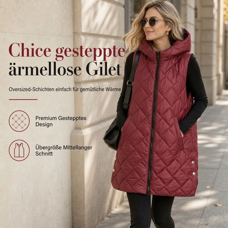 Gepolsterte ärmellose Kapuzenjacke für Damen, mittlere Länge, Freizeitstil