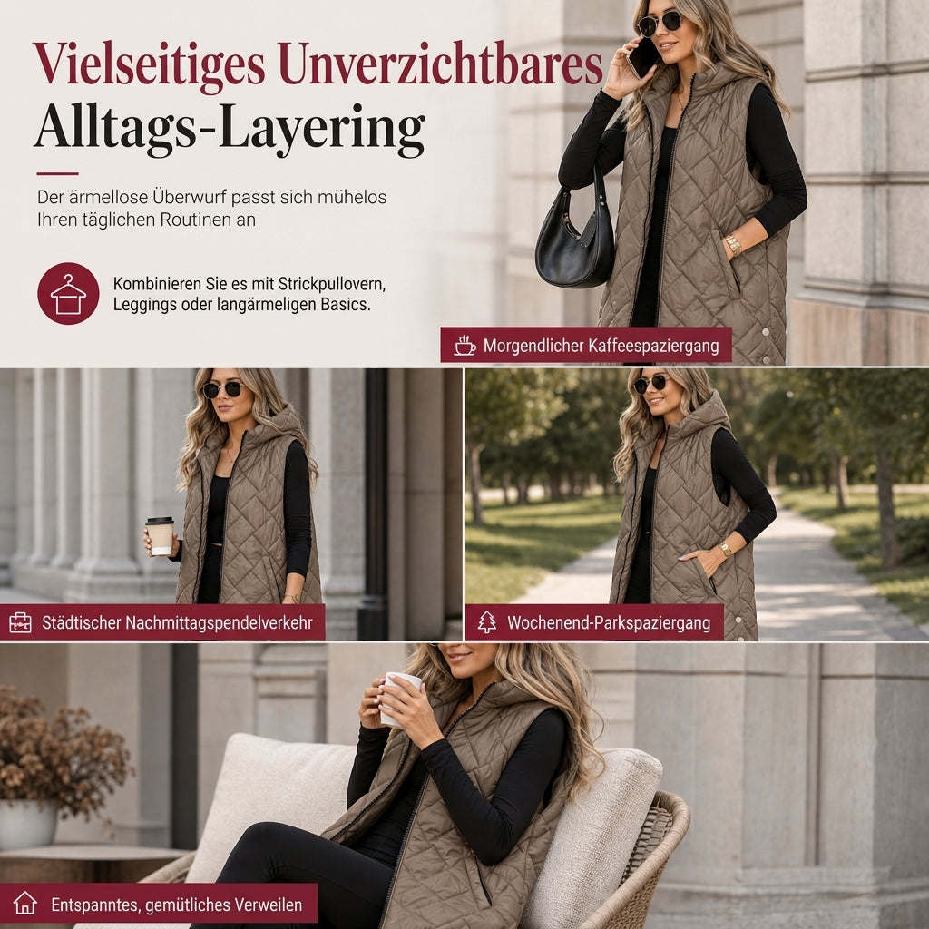 Gepolsterte ärmellose Kapuzenjacke für Damen, mittlere Länge, Freizeitstil