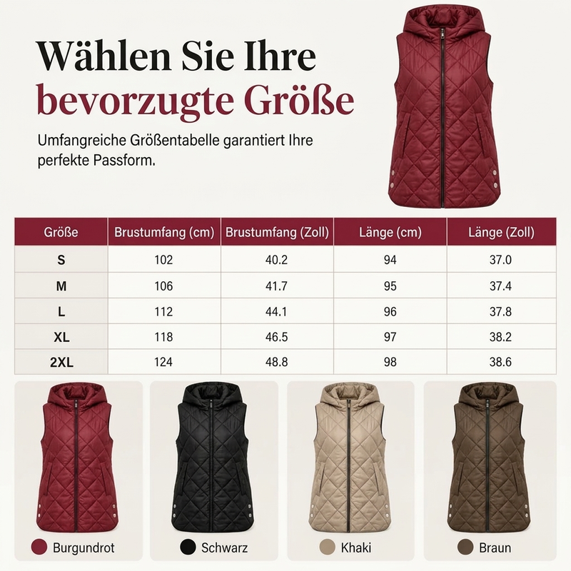 Gepolsterte ärmellose Kapuzenjacke für Damen, mittlere Länge, Freizeitstil