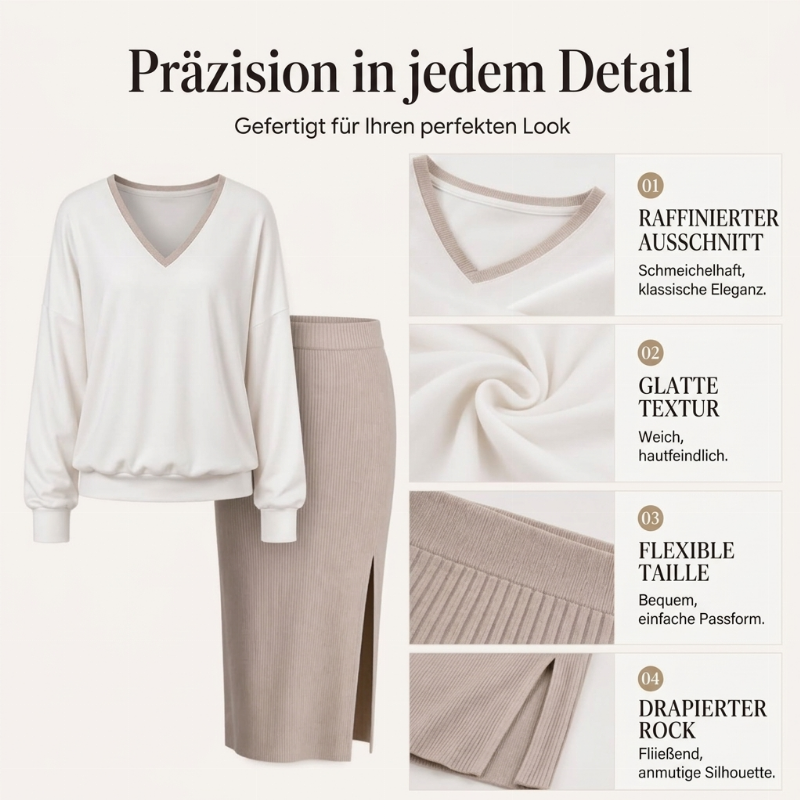 🔥Beliebtes Produkt ！✨Damen Langarm-V-Ausschnitt-Oberteil & Gerippter Rock Set