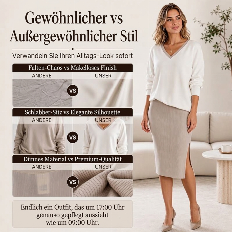 🔥Beliebtes Produkt ！✨Damen Langarm-V-Ausschnitt-Oberteil & Gerippter Rock Set