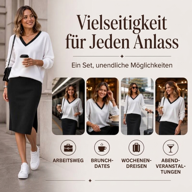 🔥Beliebtes Produkt ！✨Damen Langarm-V-Ausschnitt-Oberteil & Gerippter Rock Set