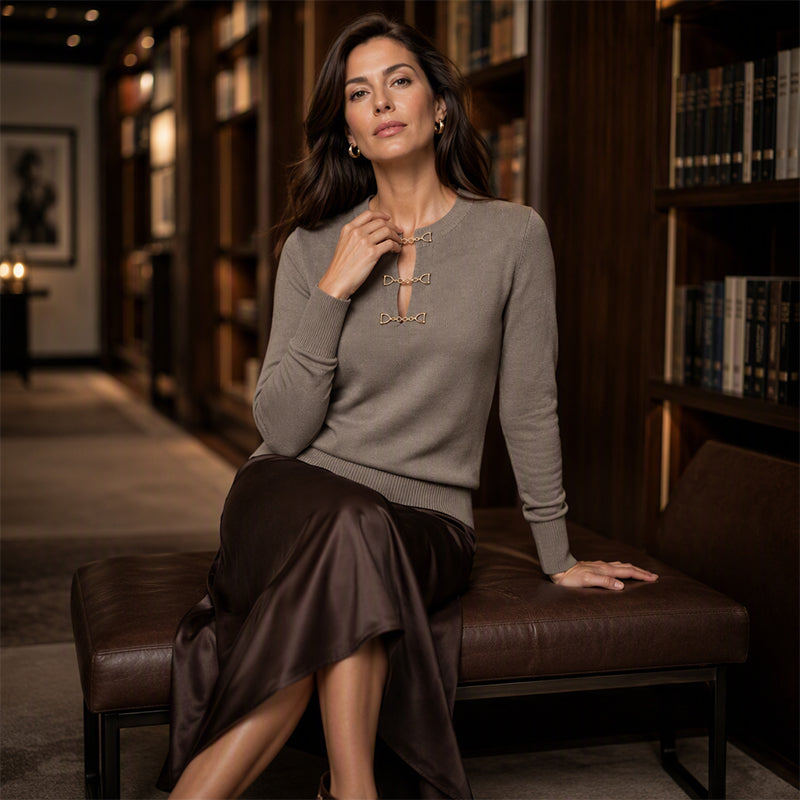 🔥Beliebtes Produkt ！✨Elegantes geripptes Strickoberteil für Damen mit Metallschnalle