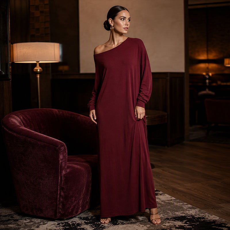 Damen Off-Shoulder Langarm Maxikleid