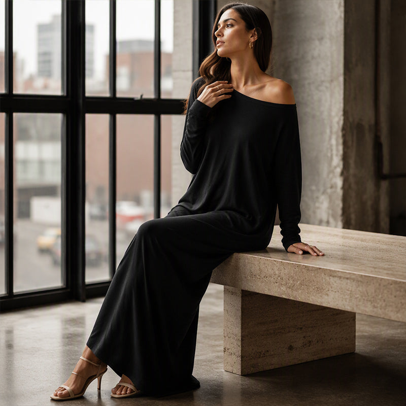 Damen Off-Shoulder Langarm Maxikleid