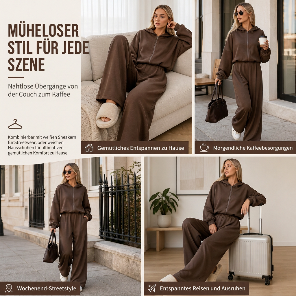📢📢50%Rabatt!!!🎉✨Lässiges, weich gestricktes zweiteiliges Lounge-Set für Damen mit Kapuzen-Reißverschluss-Sweatshirt und Weithosenbein-Hose