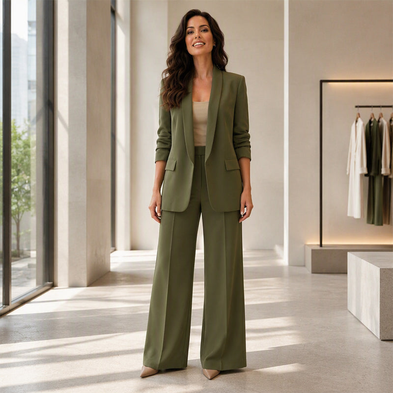 🔥Beliebtes Produkt ！✨Damen-Set aus elegantes Oberteil mit Schalkragen und weit geschnittenen Hosen