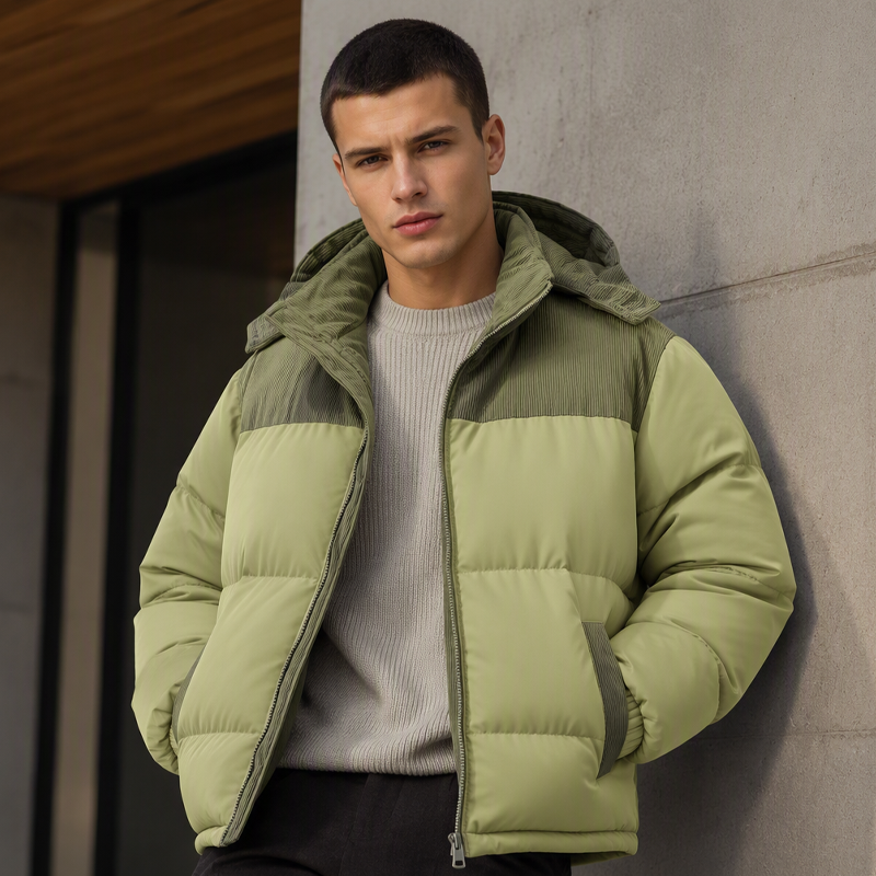 Herren Winter-Steppjacke mit Kapuze im Color-Block-Design
