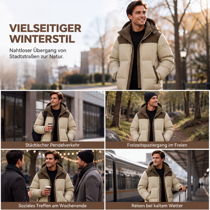 Herren Winter-Steppjacke mit Kapuze im Color-Block-Design