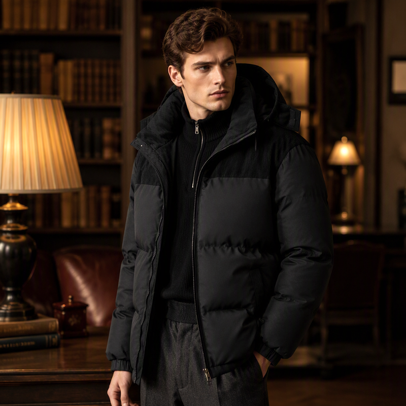 Herren Winter-Steppjacke mit Kapuze im Color-Block-Design