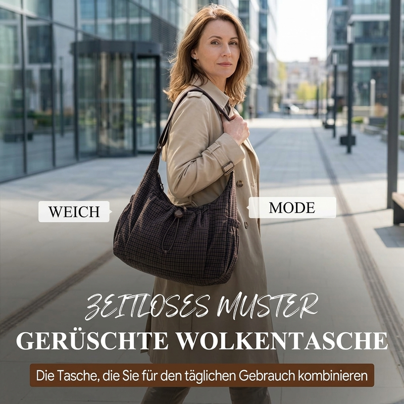 Karierte Cloud-Tasche mit Kordelzug und Raffungen