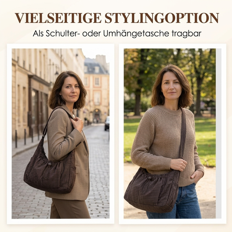 Karierte Cloud-Tasche mit Kordelzug und Raffungen