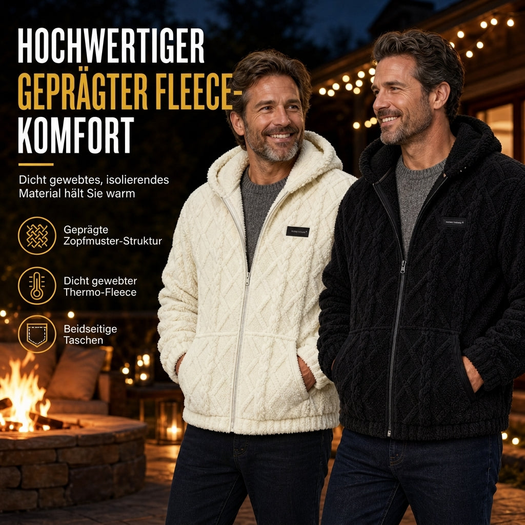 Herren-Kapuzenjacke aus Sherpa-Fleece mit Zopfmuster-Prägung, Reißverschluss und Taschen