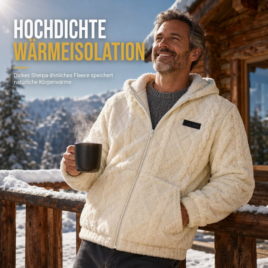 Herren-Kapuzenjacke aus Sherpa-Fleece mit Zopfmuster-Prägung, Reißverschluss und Taschen