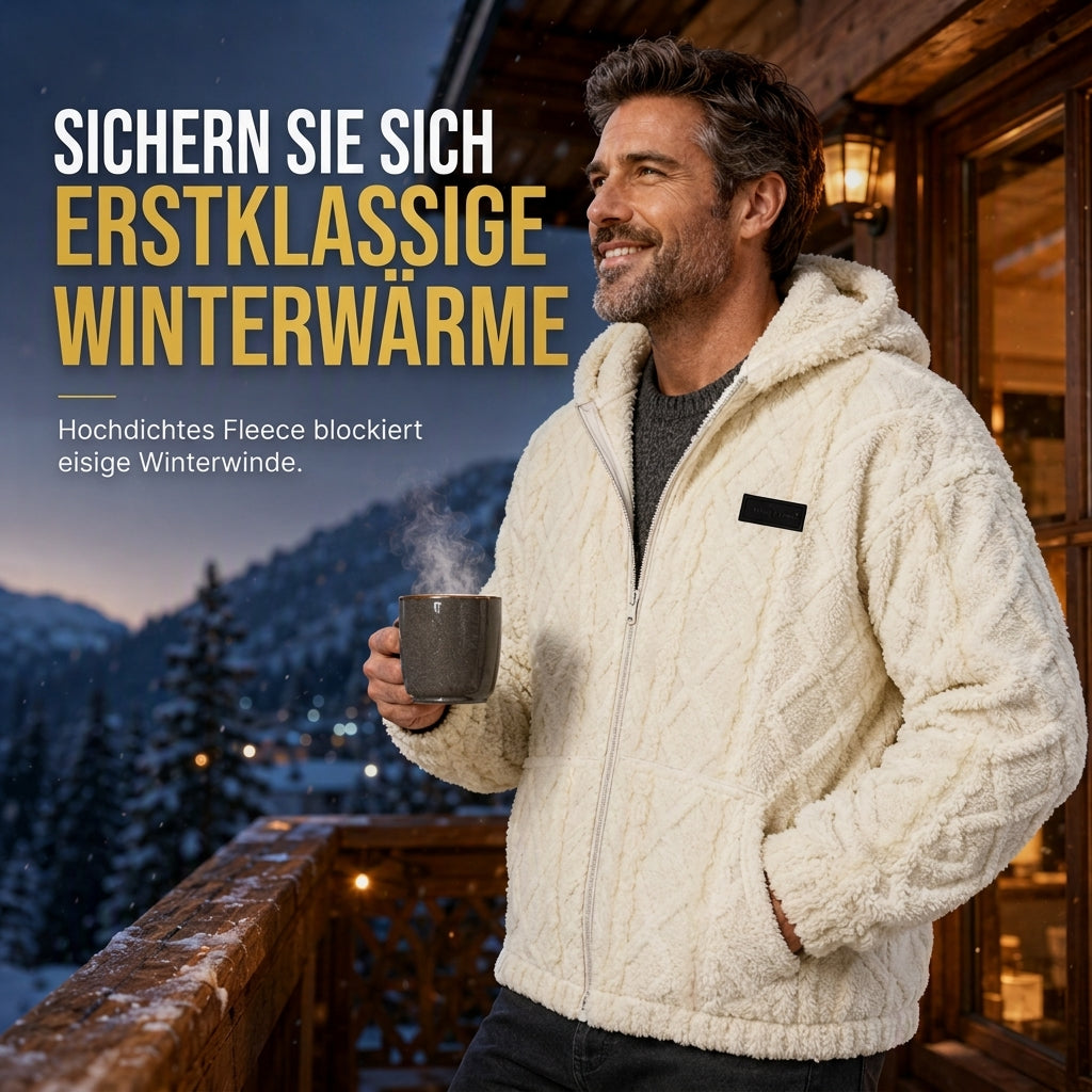 Herren-Kapuzenjacke aus Sherpa-Fleece mit Zopfmuster-Prägung, Reißverschluss und Taschen