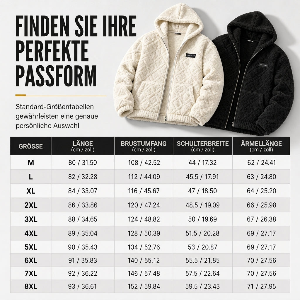 Herren-Kapuzenjacke aus Sherpa-Fleece mit Zopfmuster-Prägung, Reißverschluss und Taschen