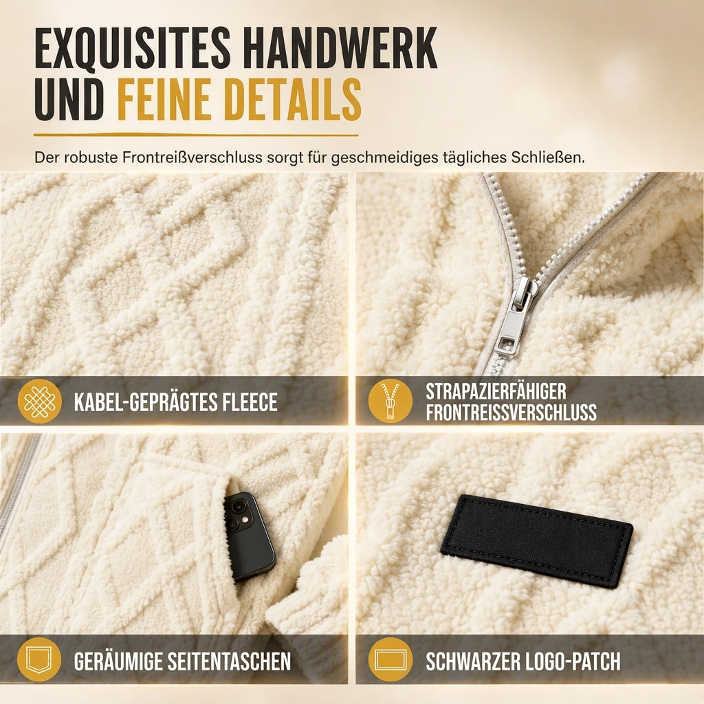 Herren-Kapuzenjacke aus Sherpa-Fleece mit Zopfmuster-Prägung, Reißverschluss und Taschen