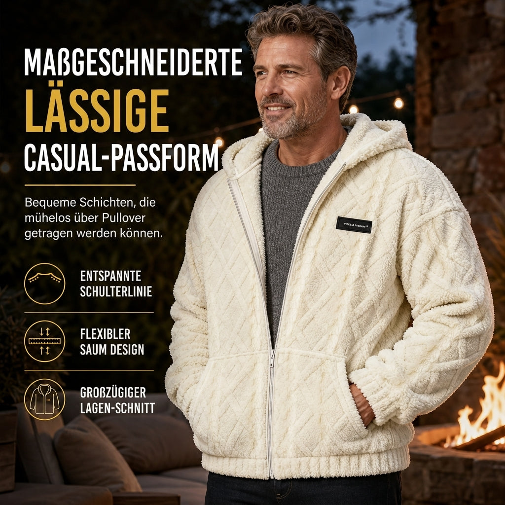 Herren-Kapuzenjacke aus Sherpa-Fleece mit Zopfmuster-Prägung, Reißverschluss und Taschen