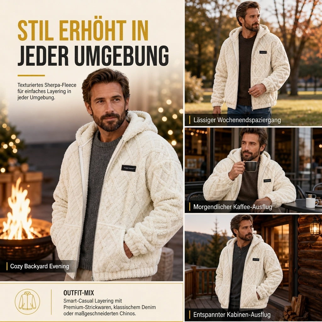 Herren-Kapuzenjacke aus Sherpa-Fleece mit Zopfmuster-Prägung, Reißverschluss und Taschen