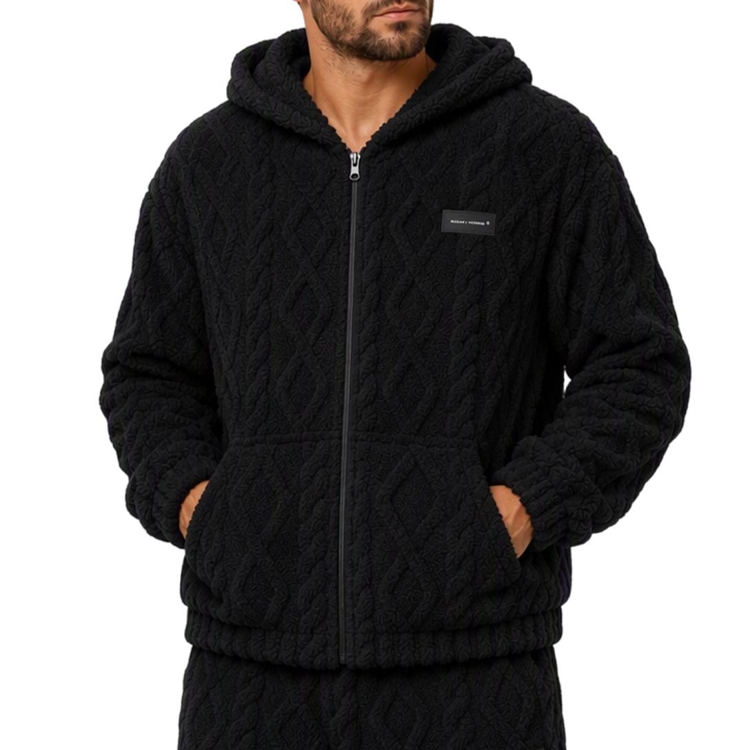 Herren-Kapuzenjacke aus Sherpa-Fleece mit Zopfmuster-Prägung, Reißverschluss und Taschen