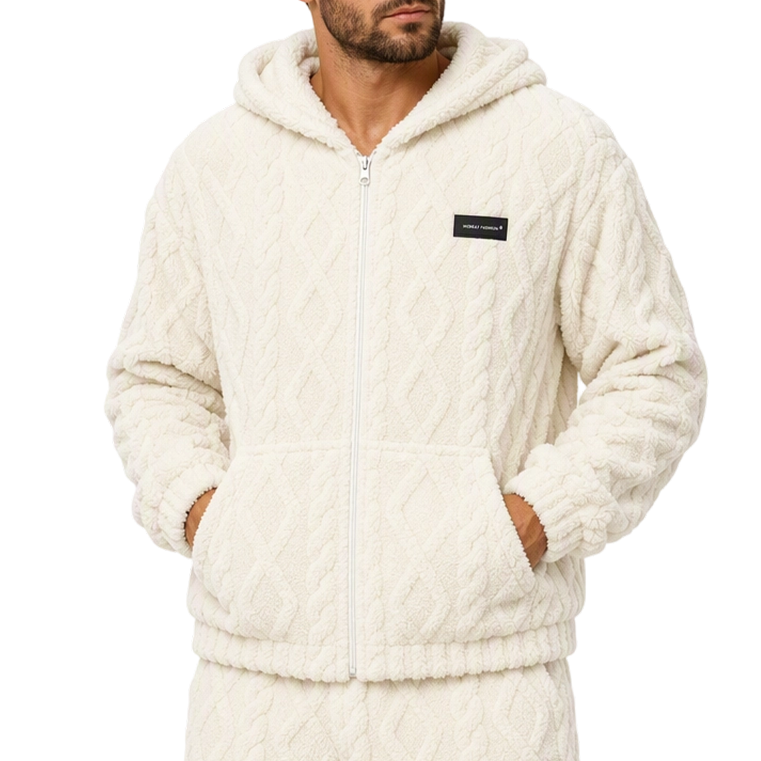 Herren-Kapuzenjacke aus Sherpa-Fleece mit Zopfmuster-Prägung, Reißverschluss und Taschen