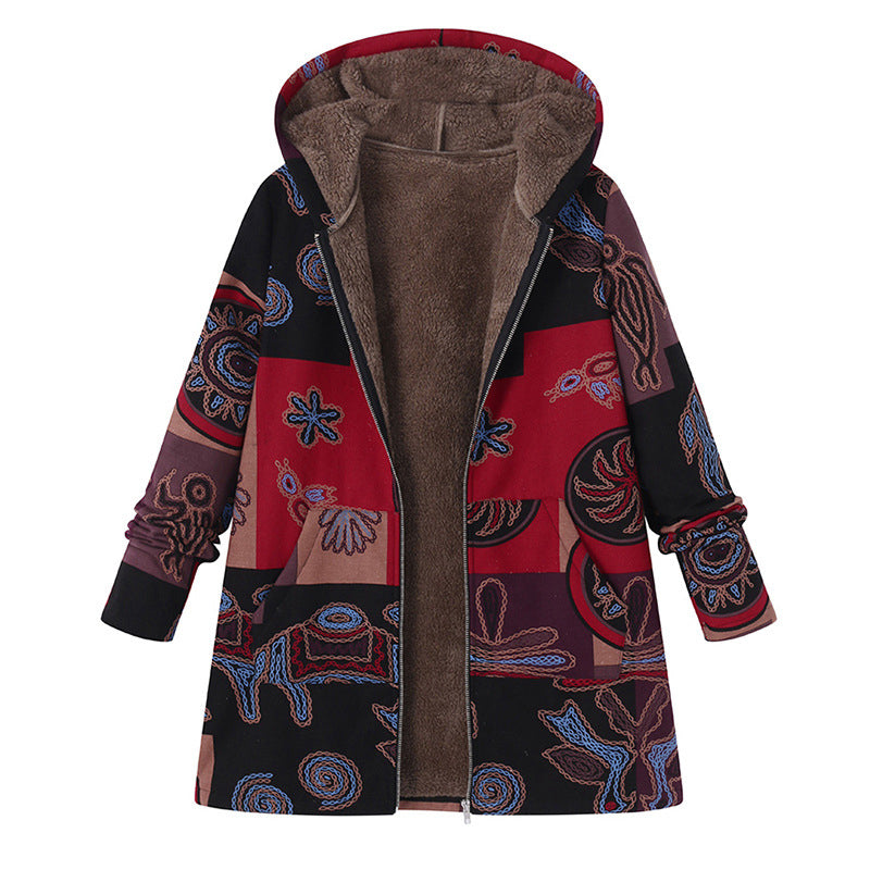 🍁 Damen Kapuzenmantel mit Vintage-Blättermuster – Lässig, warm & immer passend