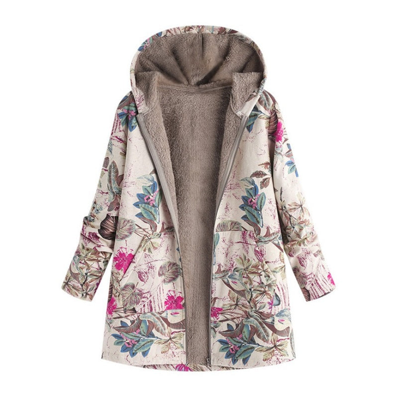🍁 Damen Kapuzenmantel mit Vintage-Blättermuster – Lässig, warm & immer passend