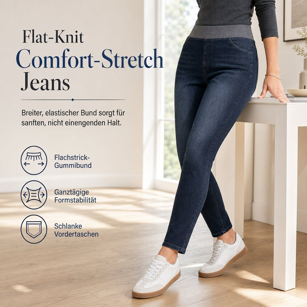 Damen-Jeans mit hoher Leibhöhe, Schlupfbund, Slim Fit, Dunkelwaschung und breitem elastischem Bund