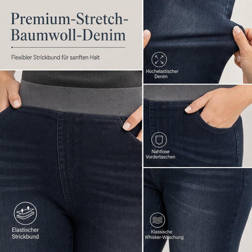 Damen-Jeans mit hoher Leibhöhe, Schlupfbund, Slim Fit, Dunkelwaschung und breitem elastischem Bund