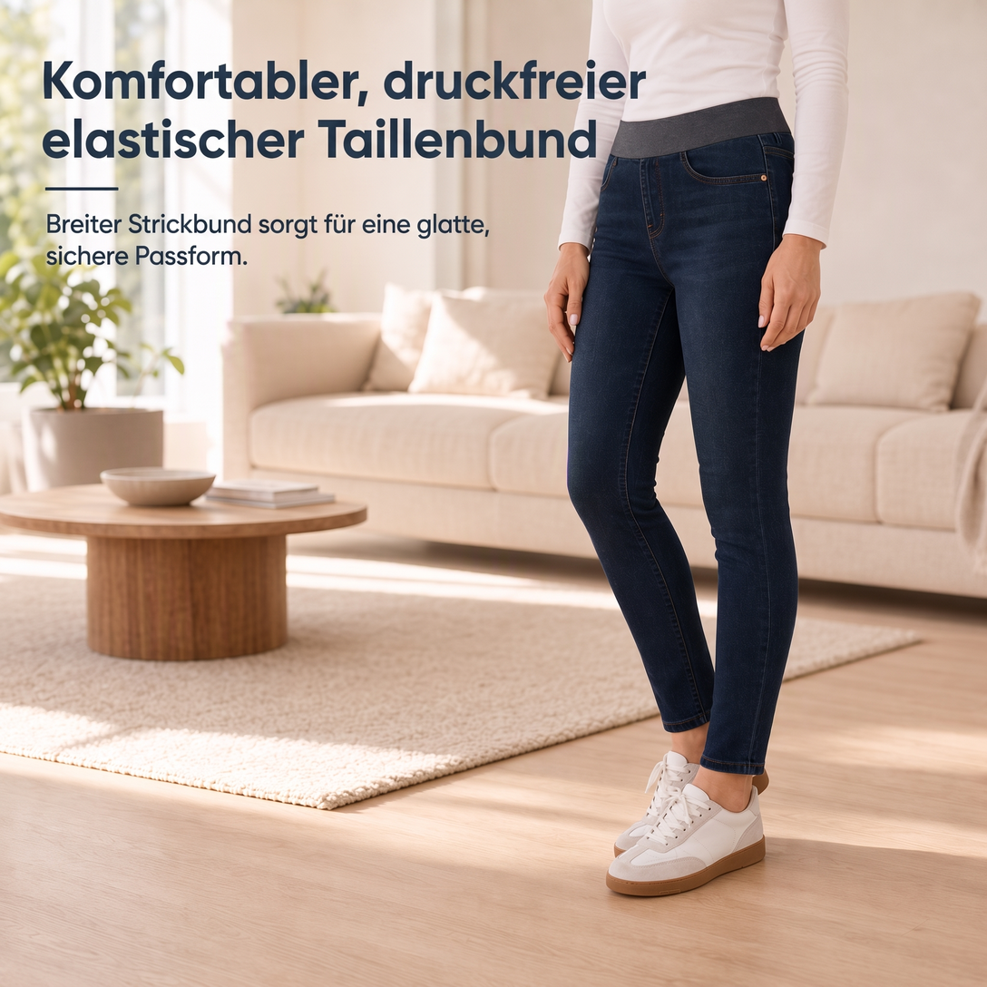 Damen-Jeans mit hoher Leibhöhe, Schlupfbund, Slim Fit, Dunkelwaschung und breitem elastischem Bund