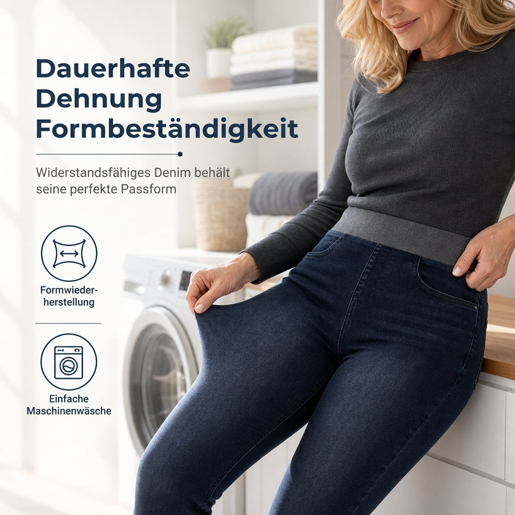 Damen-Jeans mit hoher Leibhöhe, Schlupfbund, Slim Fit, Dunkelwaschung und breitem elastischem Bund