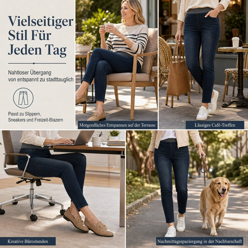 Damen-Jeans mit hoher Leibhöhe, Schlupfbund, Slim Fit, Dunkelwaschung und breitem elastischem Bund
