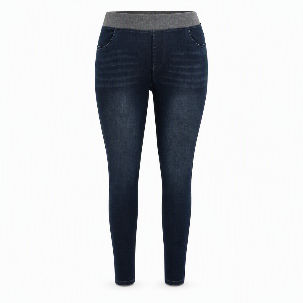 Damen-Jeans mit hoher Leibhöhe, Schlupfbund, Slim Fit, Dunkelwaschung und breitem elastischem Bund