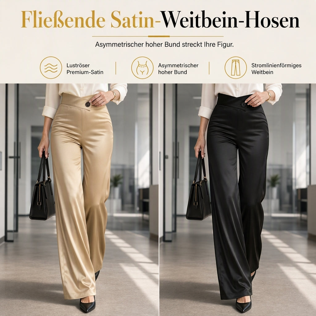 Elegante hoch taillierte Satin-Weithosen mit asymmetrischer Taille