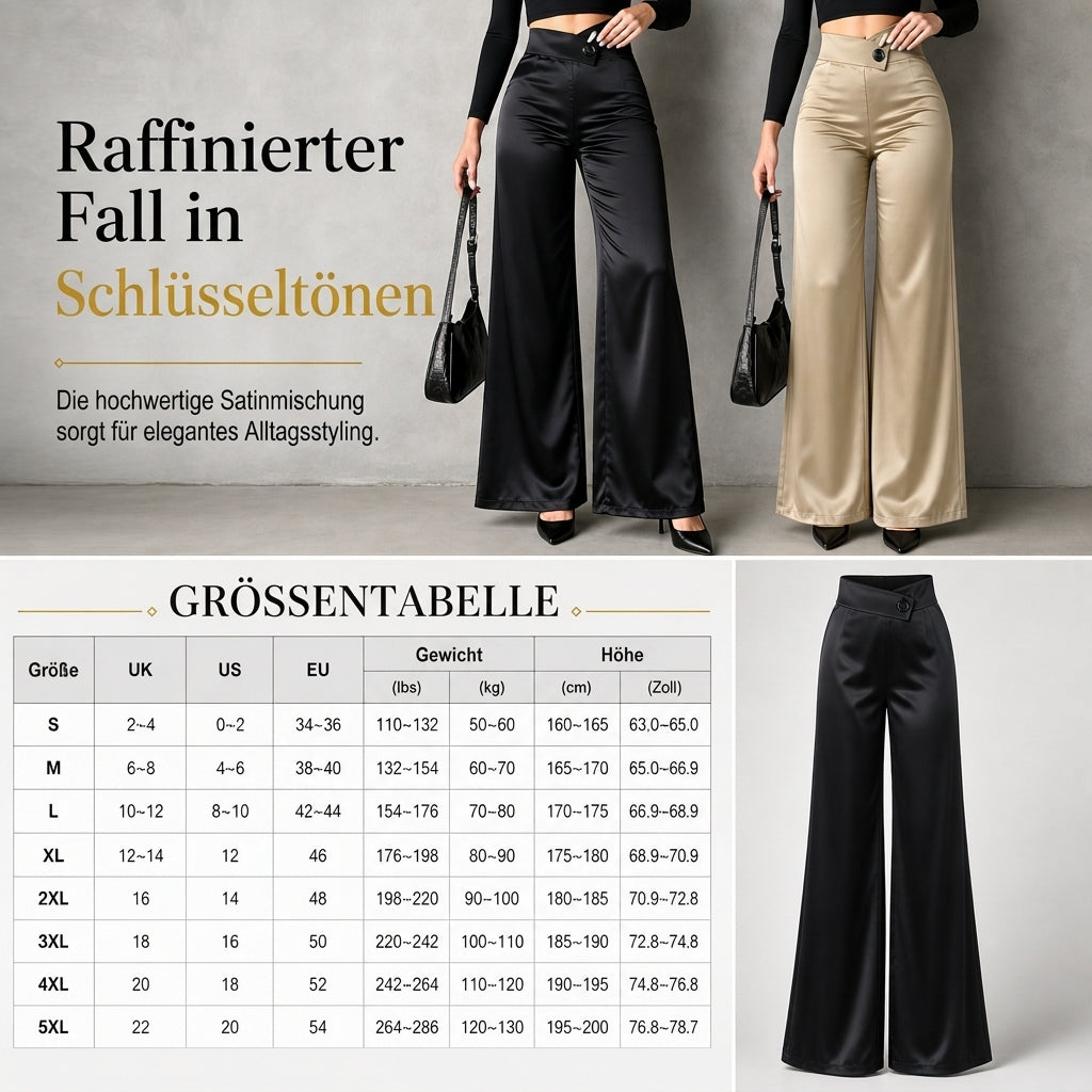 Elegante hoch taillierte Satin-Weithosen mit asymmetrischer Taille